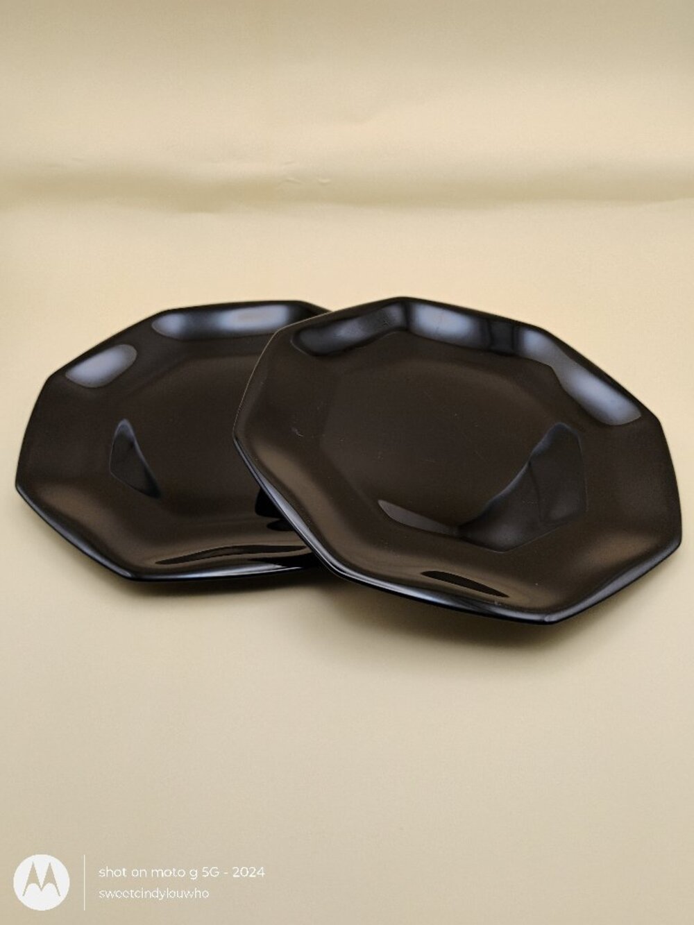 vintage Arcoroc brand black glass octagon salad or bread lot of 2 plates 1980s